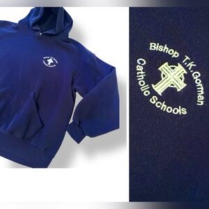 UNISEX Soffe Heavy Bishop Gorman Navy Blue & White Embroidered Hoodie Sweatshirt